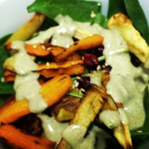 Roasted Root Veg Salad with Protein Dressing